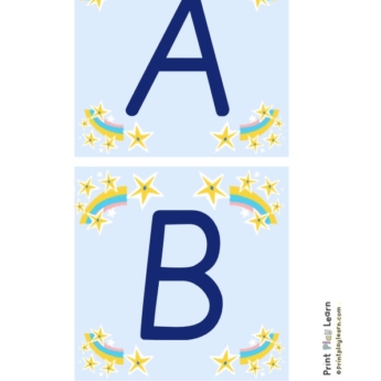 blue square capital alphabet stars and rainbows print play learn