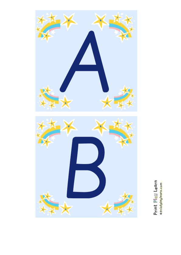 blue square capital alphabet stars and rainbows print play learn
