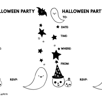 halloween party where when time RSVP border of black stars ghost bat pumpkins witch hat