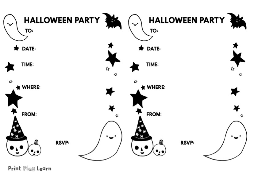 halloween party where when time RSVP border of black stars ghost bat pumpkins witch hat