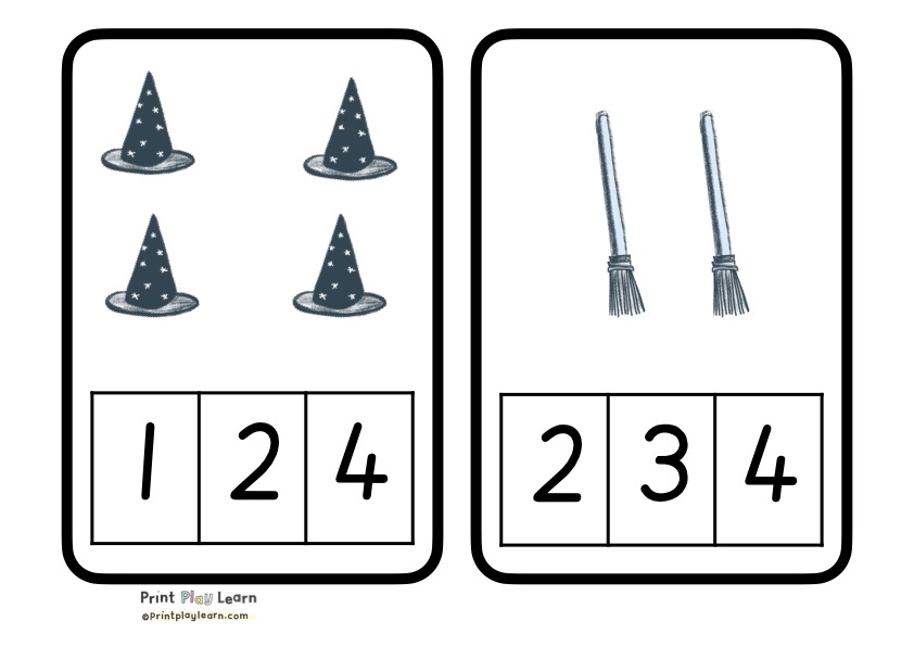 4 witch hat 2 brooms number grid clip on the number to match the number