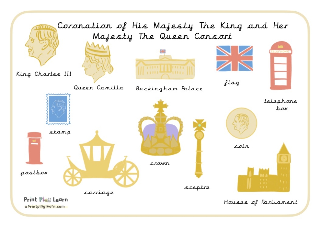 illustrations queen, king Coronation key word mats