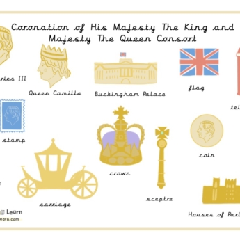 illustrations queen, king Coronation key word mats