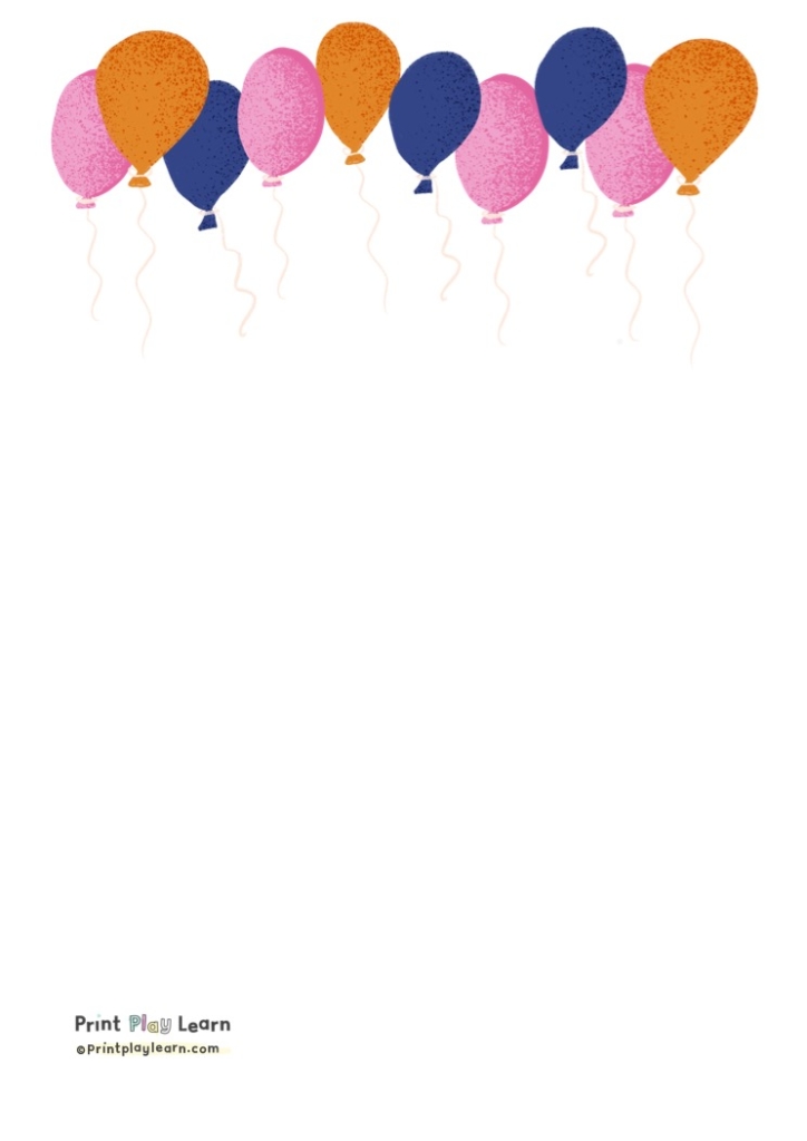 pink orange blue balloons party at top of the paper print play learn