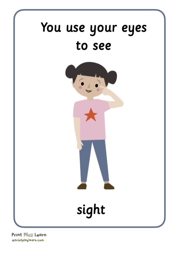 sense illustration of child pointing to eyes sight