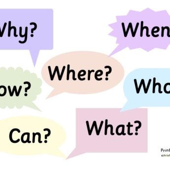 speech bubbles with different question words why when where how can what who